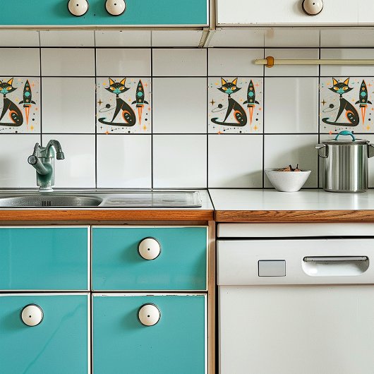 Vintager Retro-MCM Katzen-Raumschiff-Planet Fliese