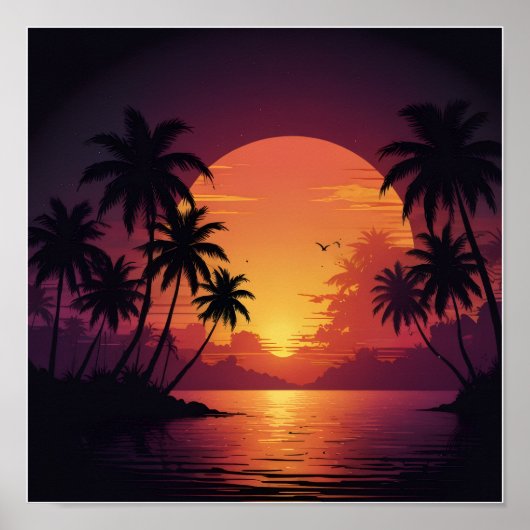Vintager Retro-Sonnenuntergang mit Palmen Poster (Vorne)