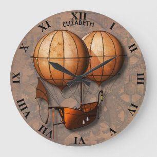 Vintager Retro Steampunk Luft-Ballon mit Schiff Große Wanduhr
