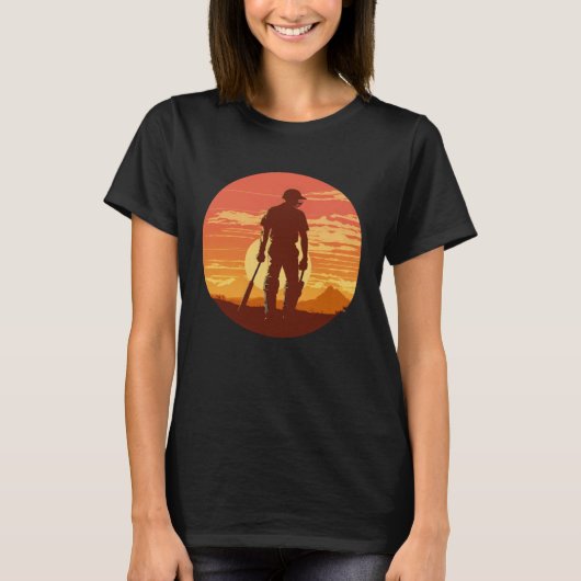 Vintager Retro-Sunset-Cricket-Player T-Shirt (Vorderseite)