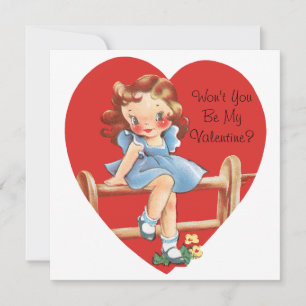 Vintager Retro-Valentinstag, Mädchen auf einem Zau Feiertagskarte