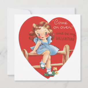 Vintager Retro-Valentinstag, Mädchen auf einem Zau Feiertagskarte