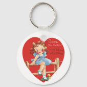 Vintager Retro-Valentinstag, Mädchen auf einem Zau Schlüsselanhänger (Vorderseite)