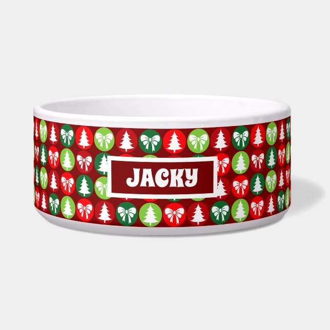 Vintager Retro Weihnachtsbaum und Bows Muster Hund Napf (Vorderseite)