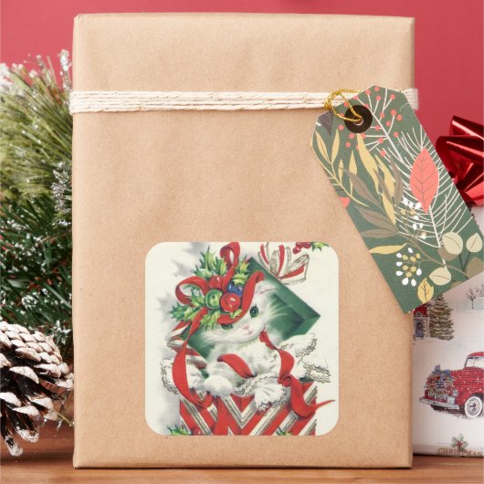 Vintager Retro-Weihnachtskatzenaufkleber Quadratischer Aufkleber (Feiertag)
