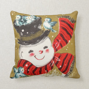 Vintager Retro WeihnachtsSnowman und -vögel Kissen