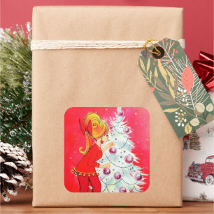 Vintager Retrobaum mit Damenaufkleber Quadratischer Aufkleber