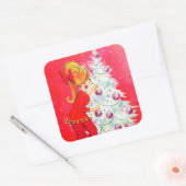 Vintager Retrobaum mit Damenaufkleber Quadratischer Aufkleber (Umschlag)