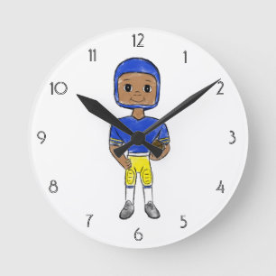 Vintager Retroblau-Gelbfußballspieler Runde Wanduhr