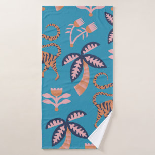 Vintager Retrofarbiger Tiger, Palme, Blume nahtlos Badehandtuch