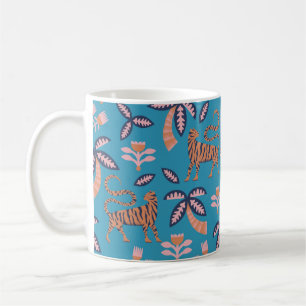 Vintager Retrofarbiger Tiger, Palme, Blume nahtlos Kaffeetasse