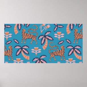 Vintager Retrofarbiger Tiger, Palme, Blume nahtlos Poster