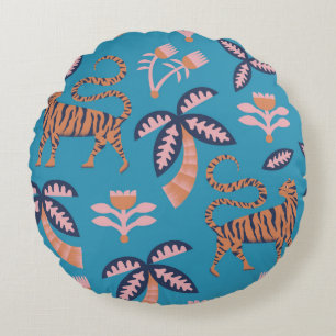 Vintager Retrofarbiger Tiger, Palme, Blume nahtlos Rundes Kissen