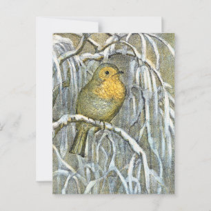 Vintager Robin-Vogel auf einem verschneiten Zweig Postkarte