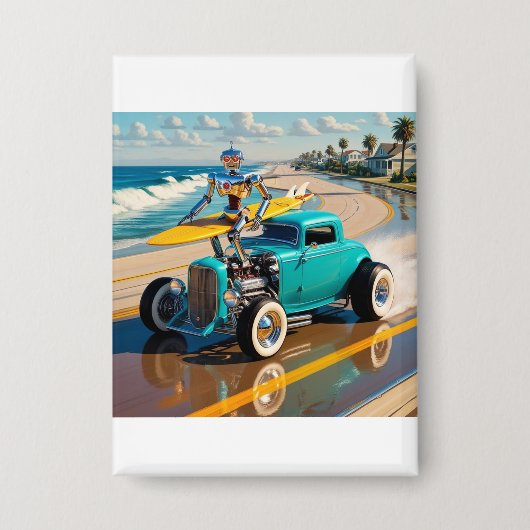 Vintager Roboter mit Surfbrett , am Strand Button (Vorderseite)