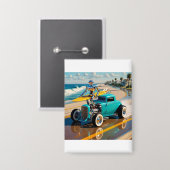 Vintager Roboter mit Surfbrett , am Strand Button (Vorderseite/Rückseite)