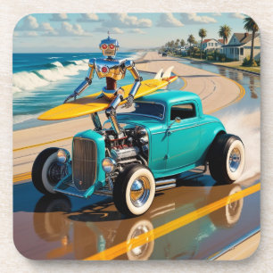 Vintager Roboter mit Surfbrett , am Strand Getränkeuntersetzer