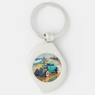 Vintager Roboter mit Surfbrett , am Strand Schlüsselanhänger