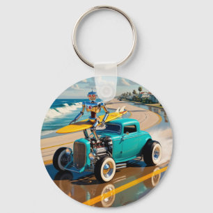 Vintager Roboter mit Surfbrett , am Strand Schlüsselanhänger