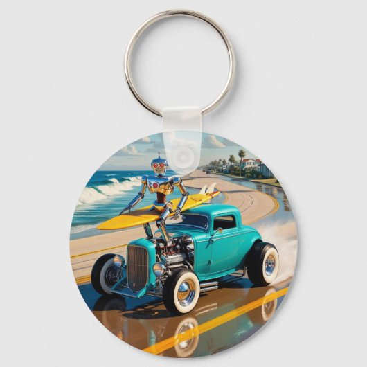 Vintager Roboter mit Surfbrett , am Strand Schlüsselanhänger (Vorderseite)