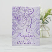 Vintager Rokoko Lila Scroll Damask Einladung (Stehend Vorderseite)