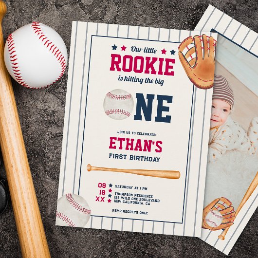 Vintager Rookie-Baseball-Rot-Blau 1. Geburtstag Einladung