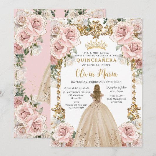 Vintager Rosa Champagner Einladung (Vorne/Hinten)