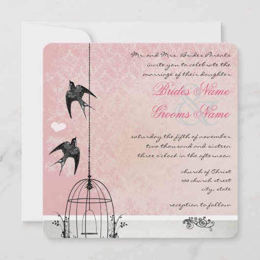 Vintager rosa Damaske - Birdcage Save the Date (Vorderseite)