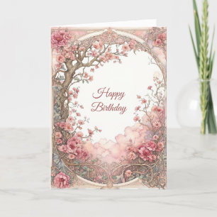 Vintager rosa floraler Art Nouveau Geburtstag Karte