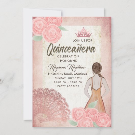 Vintager Rosa-Handventilator Rose tiara Quince Einladung (Vorderseite)