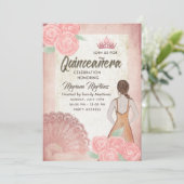 Vintager Rosa-Handventilator Rose tiara Quince Einladung (Stehend Vorderseite)