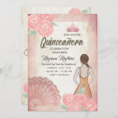 Vintager Rosa-Handventilator Rose tiara Quince Einladung (Vorne/Hinten)