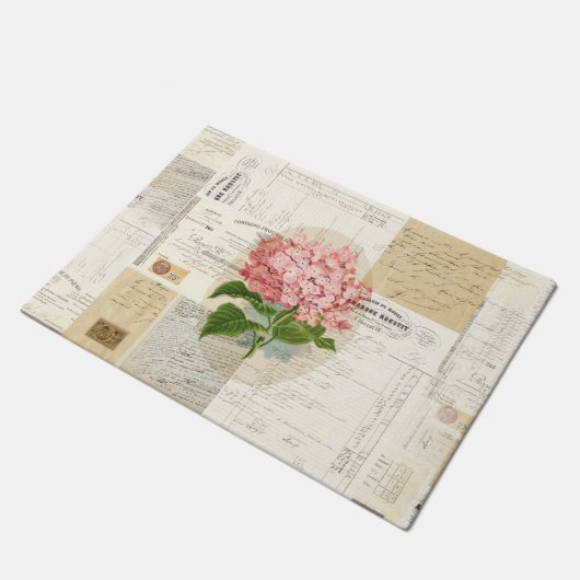 Vintager rosa Hydrangea-französische Fußmatte (Schrägansicht)
