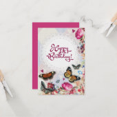 Vintager Rosa Korallenschmetterling Geburtstag Karte (Vorderseite/Rückseite Beispiel)