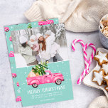 Vintager rosa LKW Weihnachtsbaum aquamarines Foto Feiertagskarte<br><div class="desc">Frohe Weihnachten! Vintag rosa LKW Aquarellbilder und grüner Weihnachtsbaum mit weißem Schnee auf Aqua aquamarin blau,  addieren 1 Foto. Perfekte Winter- und Urlaubskarte.</div>