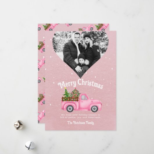Vintager rosa LKW Weihnachtsbaum Foto Feiertagskarte (Vorderseite/Rückseite Beispiel)