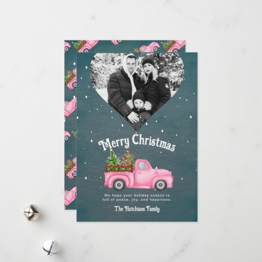 Vintager rosa LKW Weihnachtsbaum Foto Feiertagskarte (Vorderseite/Rückseite Beispiel)