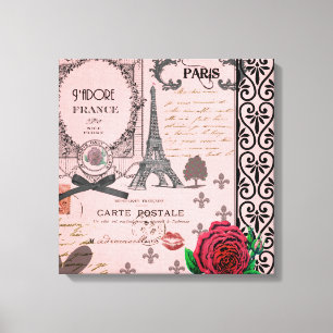 Vintager rosa Paris-Collagen-Leinwand-Kunstdruck Leinwanddruck