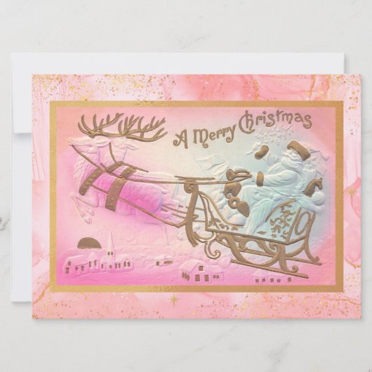 Vintager Rosa Santa Sleigh mit Rentier Weihnachten (Vorderseite)
