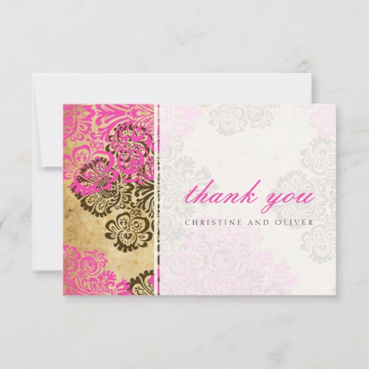 Vintager rosa und brauner Damast Dankeschön Karte (Vorderseite)