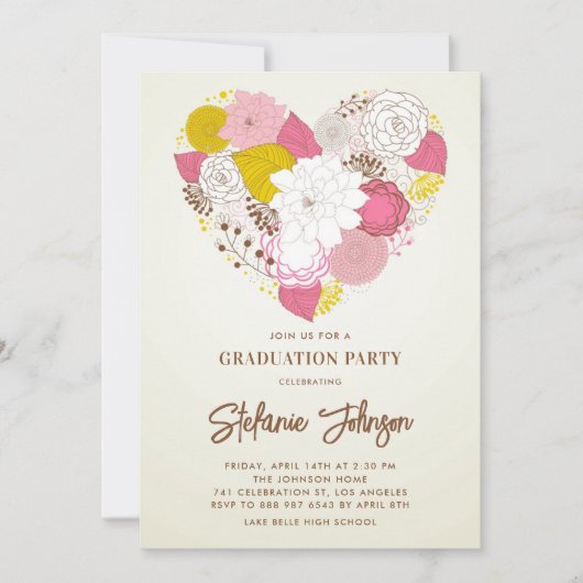 Vintager Rosa und Gelbblütenherz Abschluss Einladung (Vorderseite)