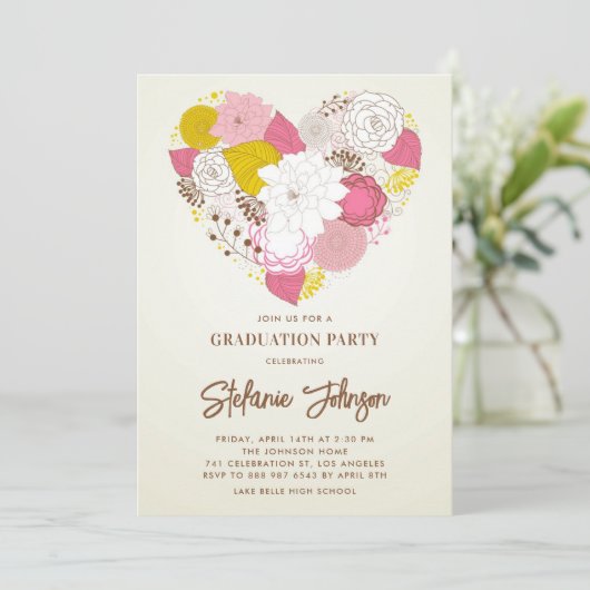 Vintager Rosa und Gelbblütenherz Abschluss Einladung (Stehend Vorderseite)