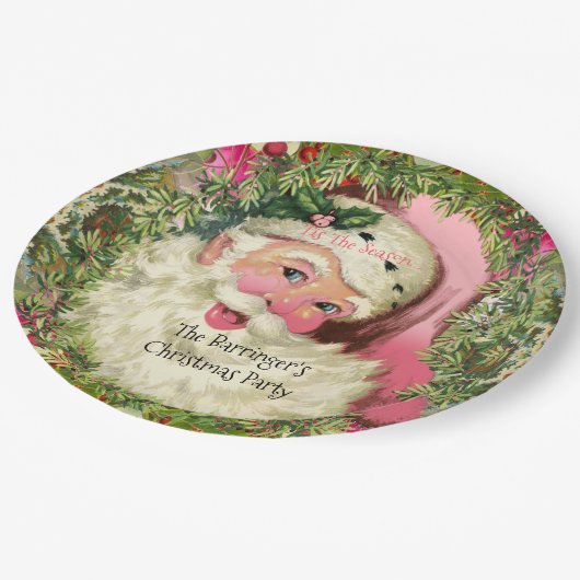 Vintager rosa Weihnachtsmann Pappteller (Schrägansicht)