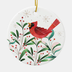 Vintager Roter Kardinal in Snowy Holly Branches Keramik Ornament