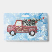 Vintager roter LKW auf blauem Schneeflockenhinterg Ausweis (Rückseite)