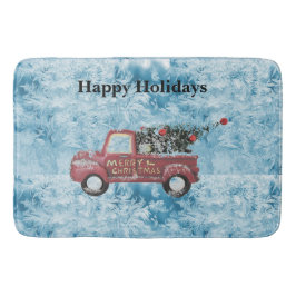 Vintager roter LKW auf blauem Schneeflockenhinterg Badematte