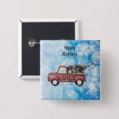 Vintager roter LKW auf blauem Schneeflockenhinterg Button (Vorne & Hinten)