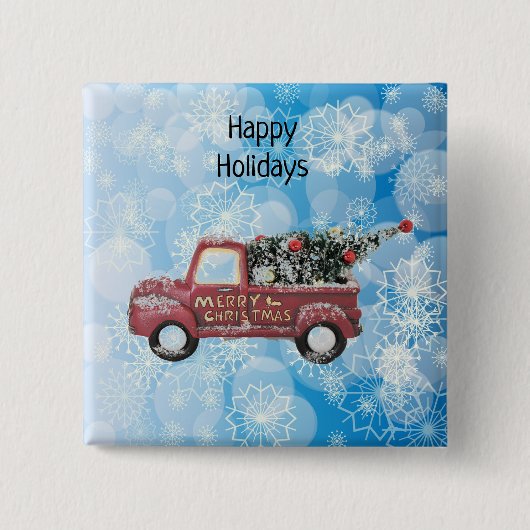 Vintager roter LKW auf blauem Schneeflockenhinterg Button (Vorderseite)