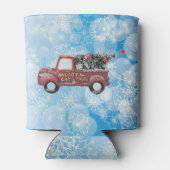 Vintager roter LKW auf blauem Schneeflockenhinterg Dosenkühler (Rückseite)