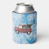 Vintager roter LKW auf blauem Schneeflockenhinterg Dosenkühler (Kanne Rückseite)
